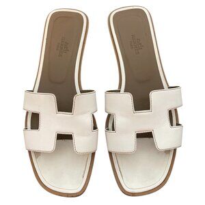 HERMES Oran Blanc Piqures Havane Classic H Slip On Slide Sandals Flats \\ 38